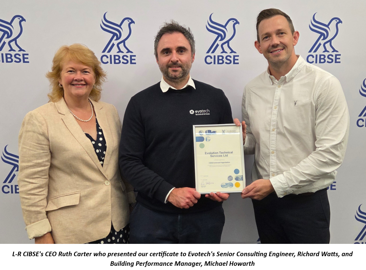 CIBSE CEO presents certificate to Evotech's Richard Watts and Michael Howarth